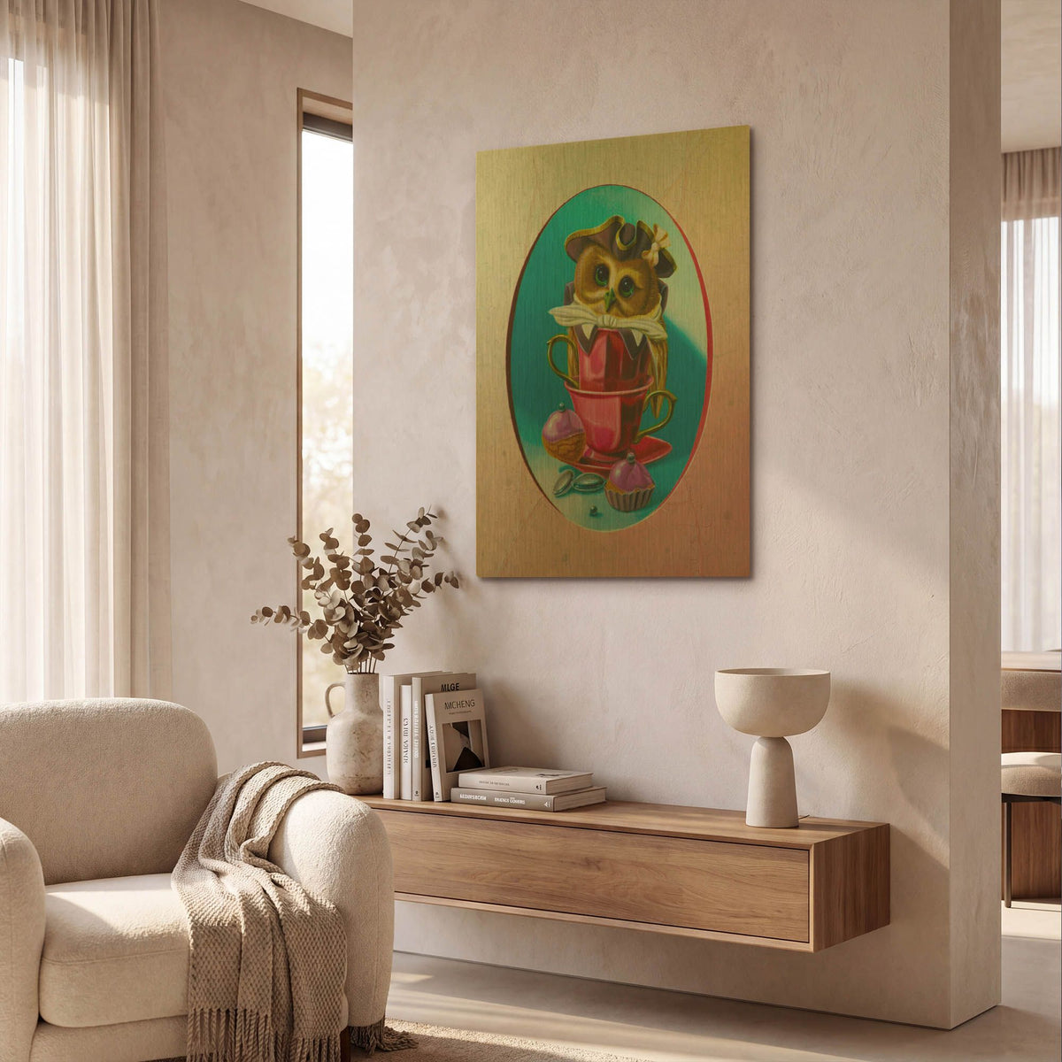 'The Owl With Two Cups' By Valery Vecu Quitard Gold Metal Wall Art
