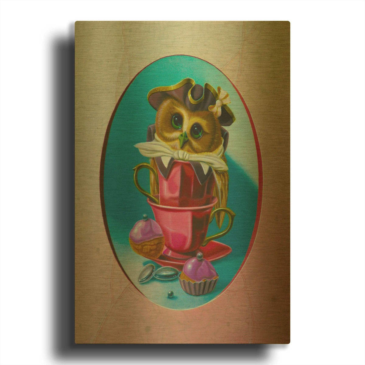 'The Owl With Two Cups' By Valery Vecu Quitard Gold Metal Wall Art
