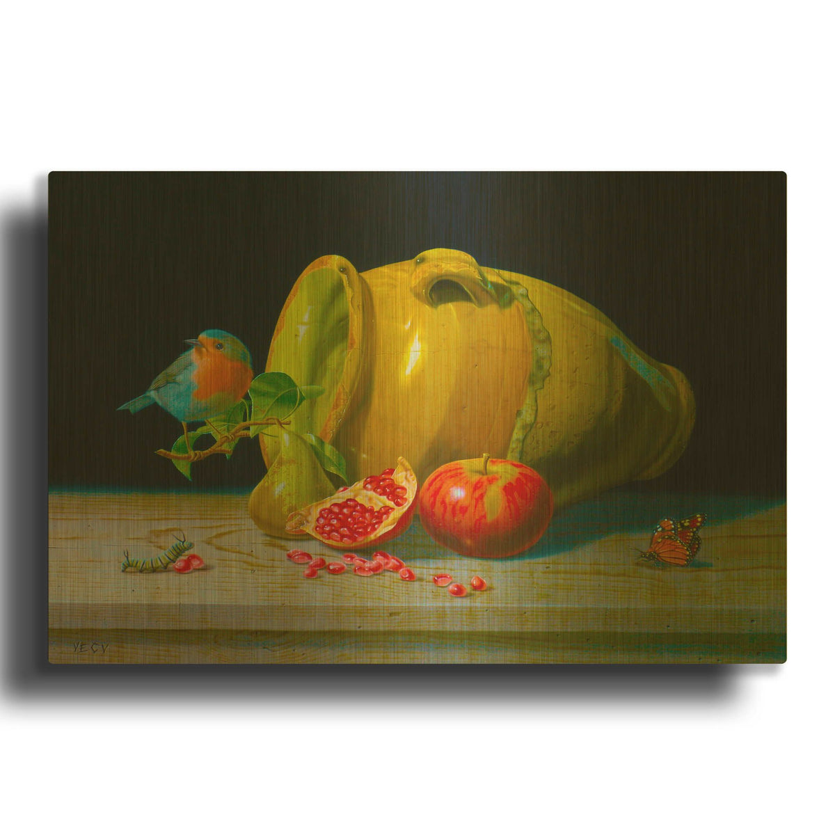 'The Redbreast And The Provencal Pot' By Valery Vecu Quitard Gold Metal Wall Art
