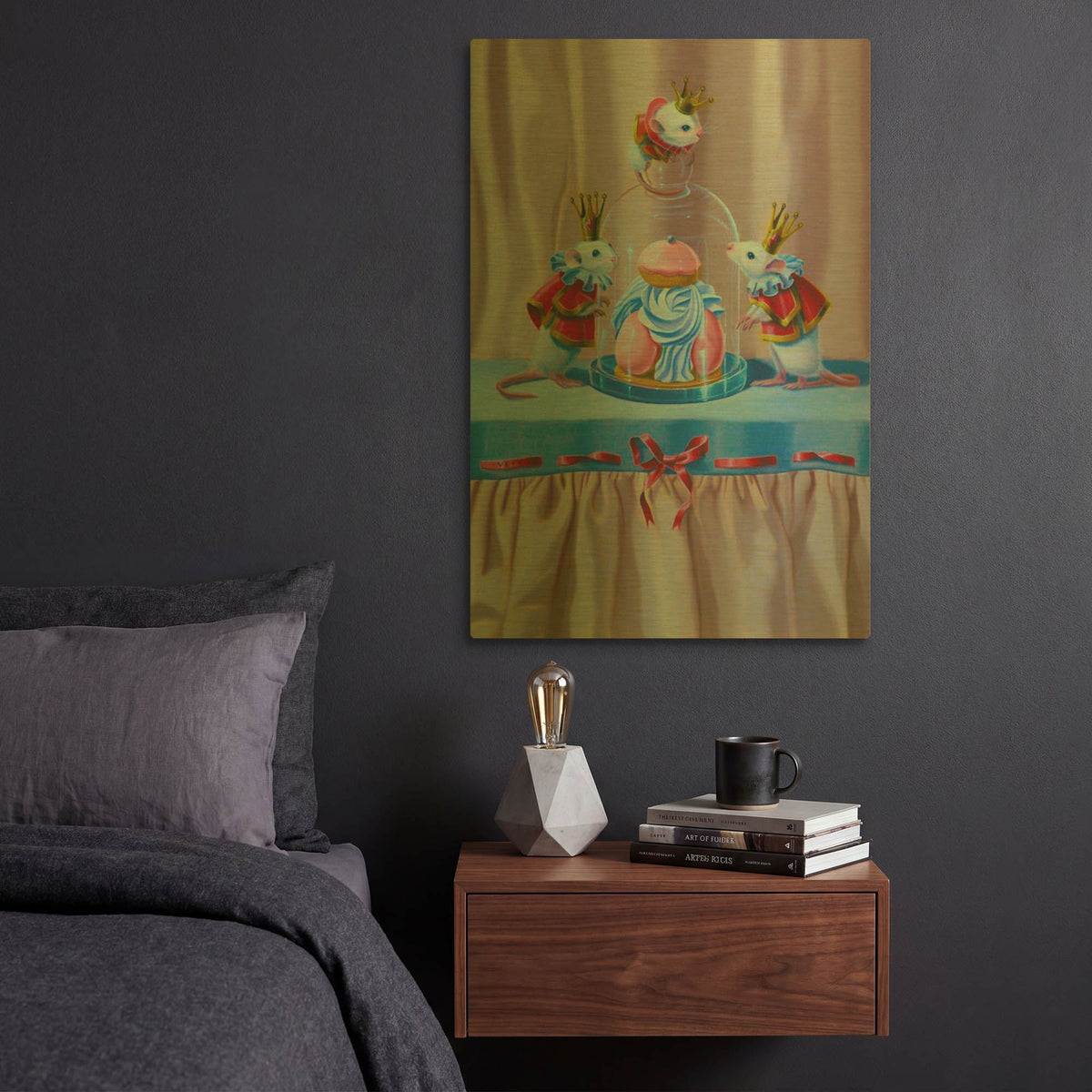 'Three Mice And A Pastry' By Valery Vecu Quitard Gold Metal Wall Art