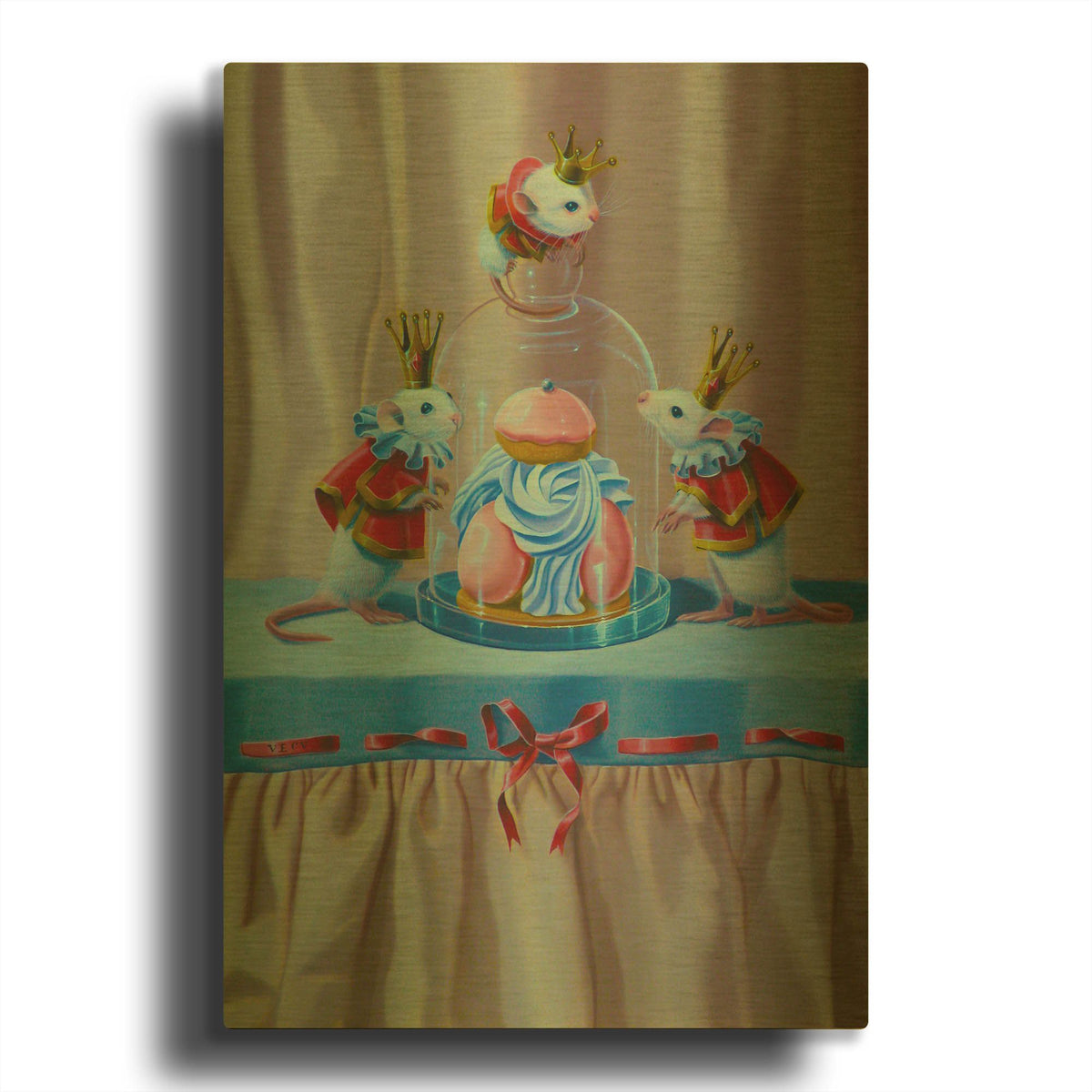 'Three Mice And A Pastry' By Valery Vecu Quitard Gold Metal Wall Art