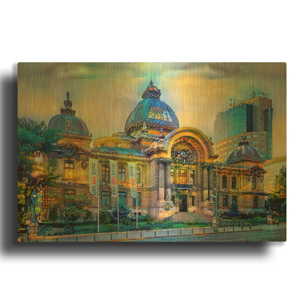 'Bucharest Romania Cec Palace' By Pedro Gavidia Gold Metal Wall Art