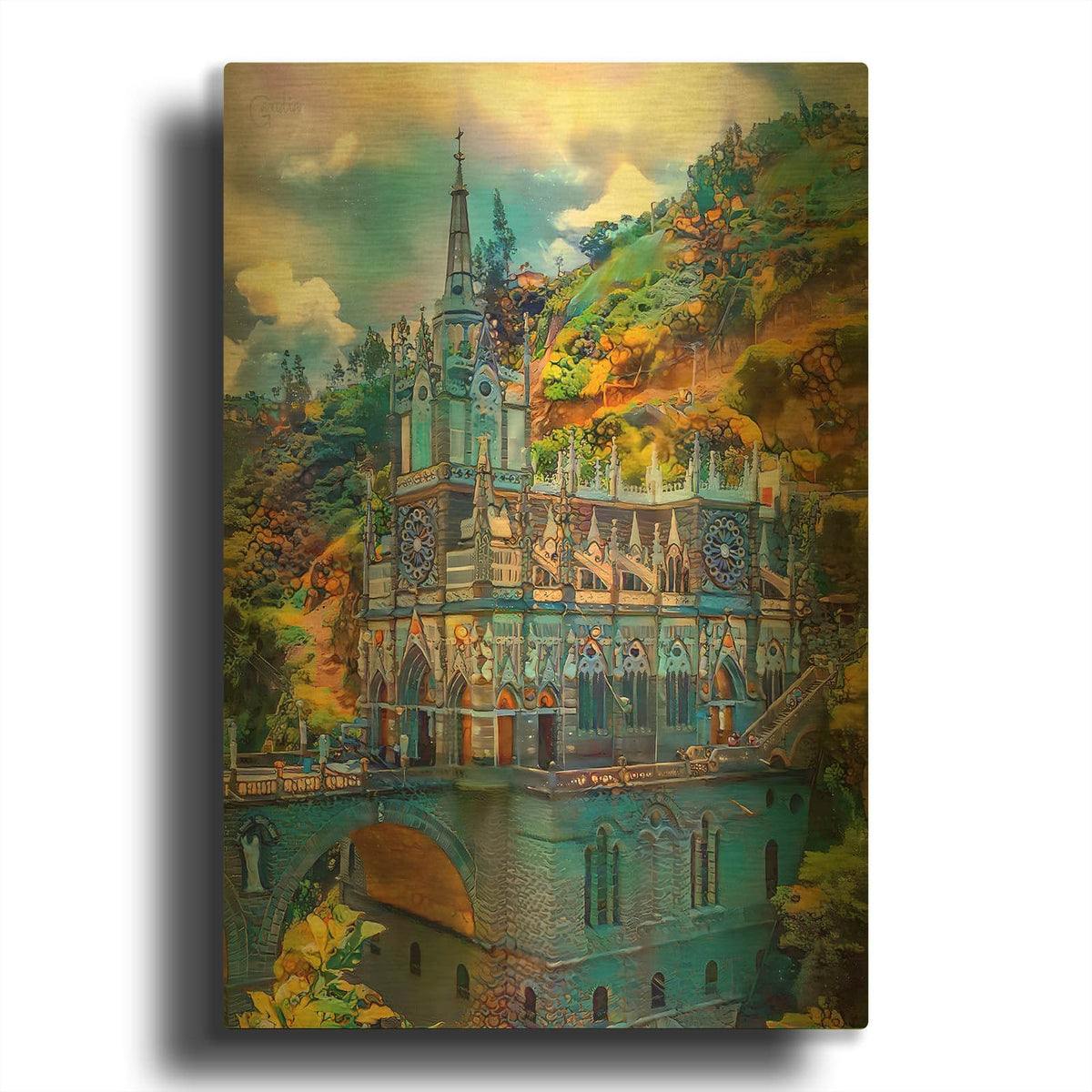 'Ipiales Colombia Nuestra Sen~Ora De Las Lajas Sanctuary' By Pedro Gavidia Gold Metal Wall Art