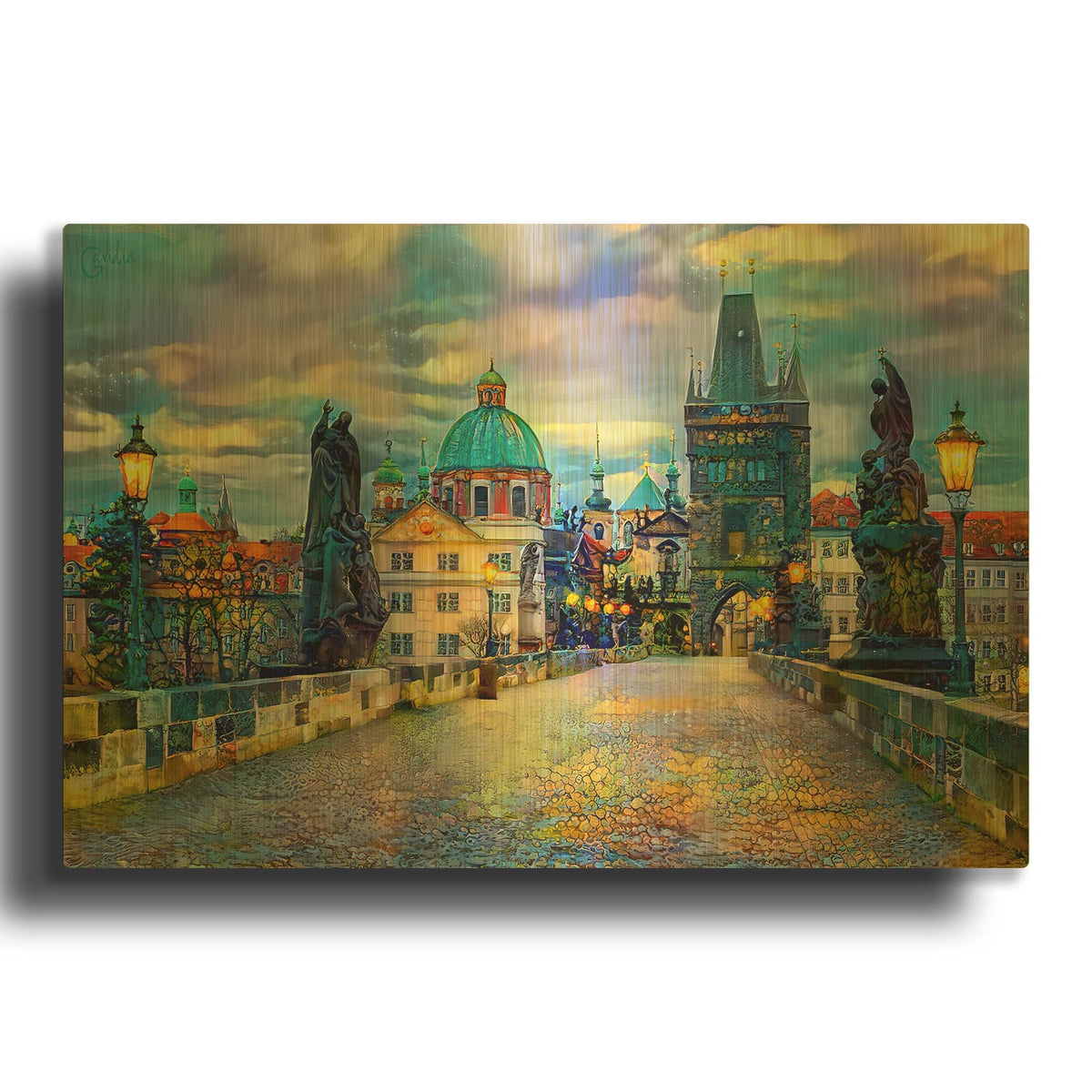 'Prague Czech Republic Charles Bridge' By Pedro Gavidia Gold Metal Wall Art