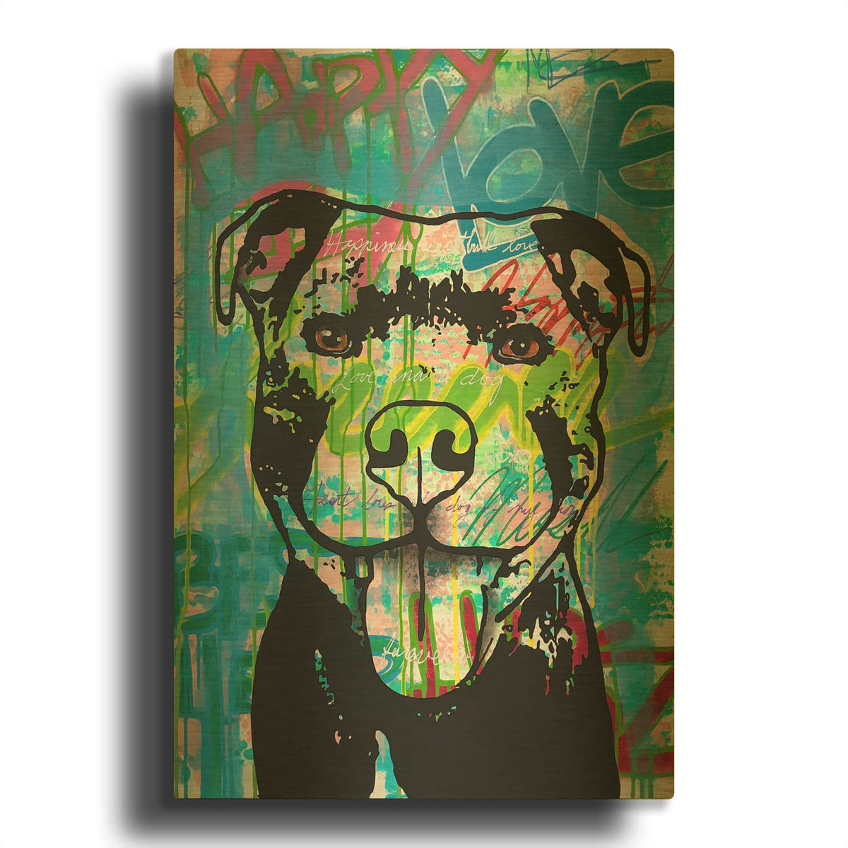 'Happy Love Pitbull' By Dean Russo Gold Metal Wall Art