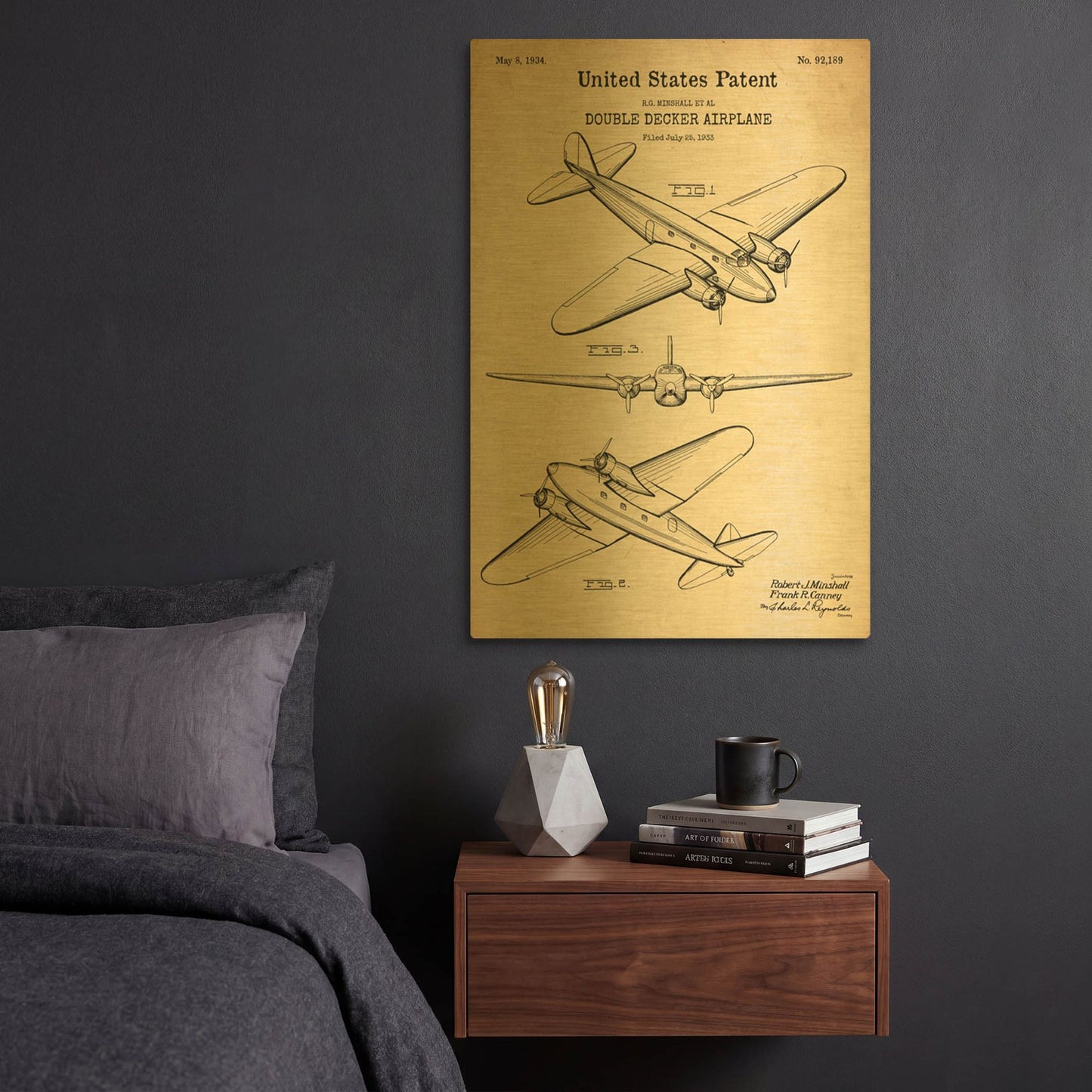 'Double Decker Airplane Blueprint Patent Parchment' By LUXE Gold Metal Wall Art
