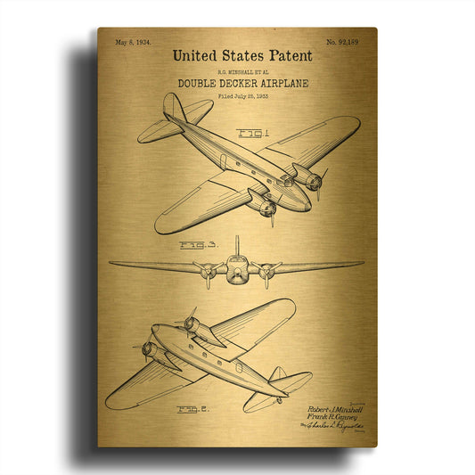 'Double Decker Airplane Blueprint Patent Parchment' By LUXE Gold Metal Wall Art