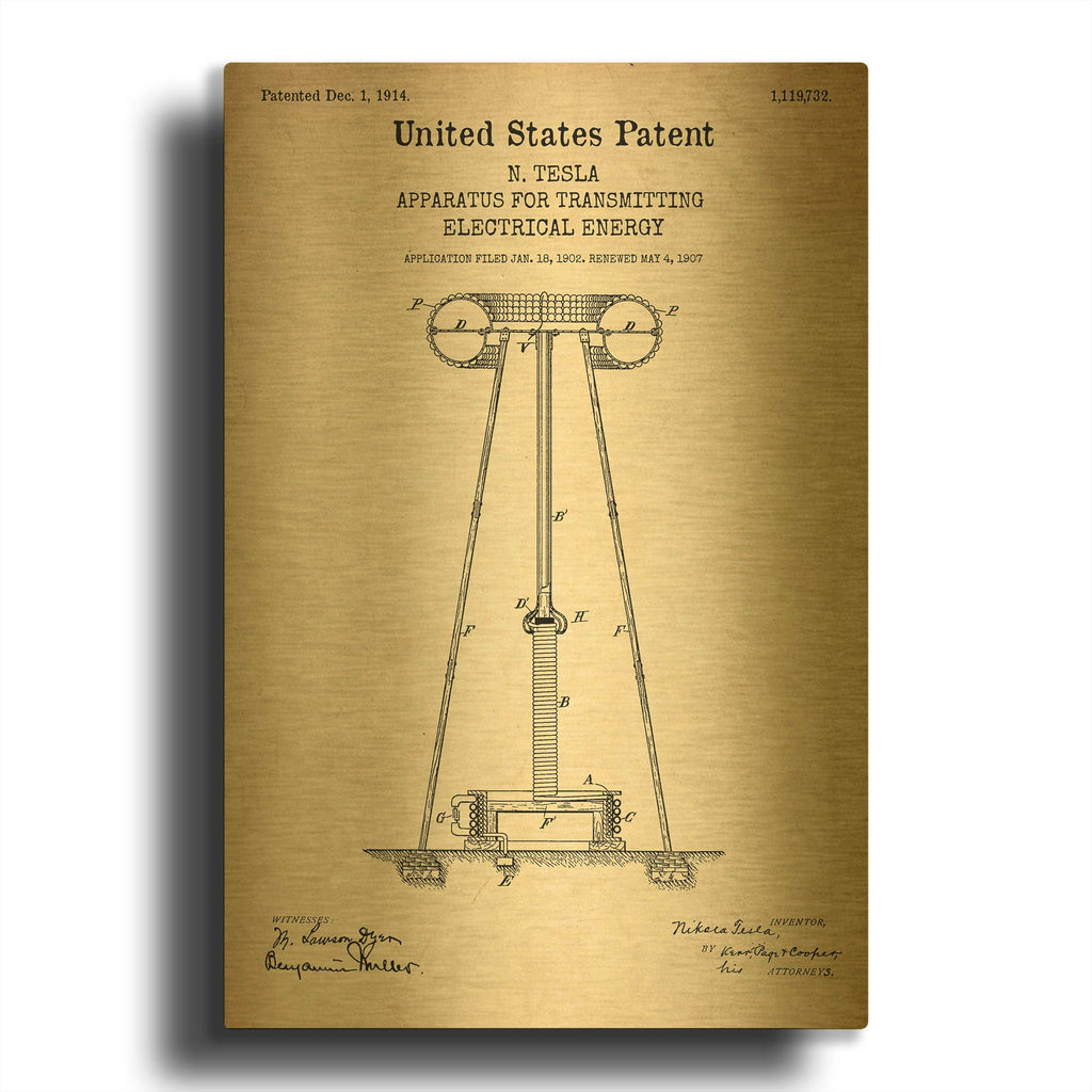 'Tesla Apparatus for Transmitting Electrical Energy Blueprint Patent Parchment' By LUXE Gold Metal Wall Art