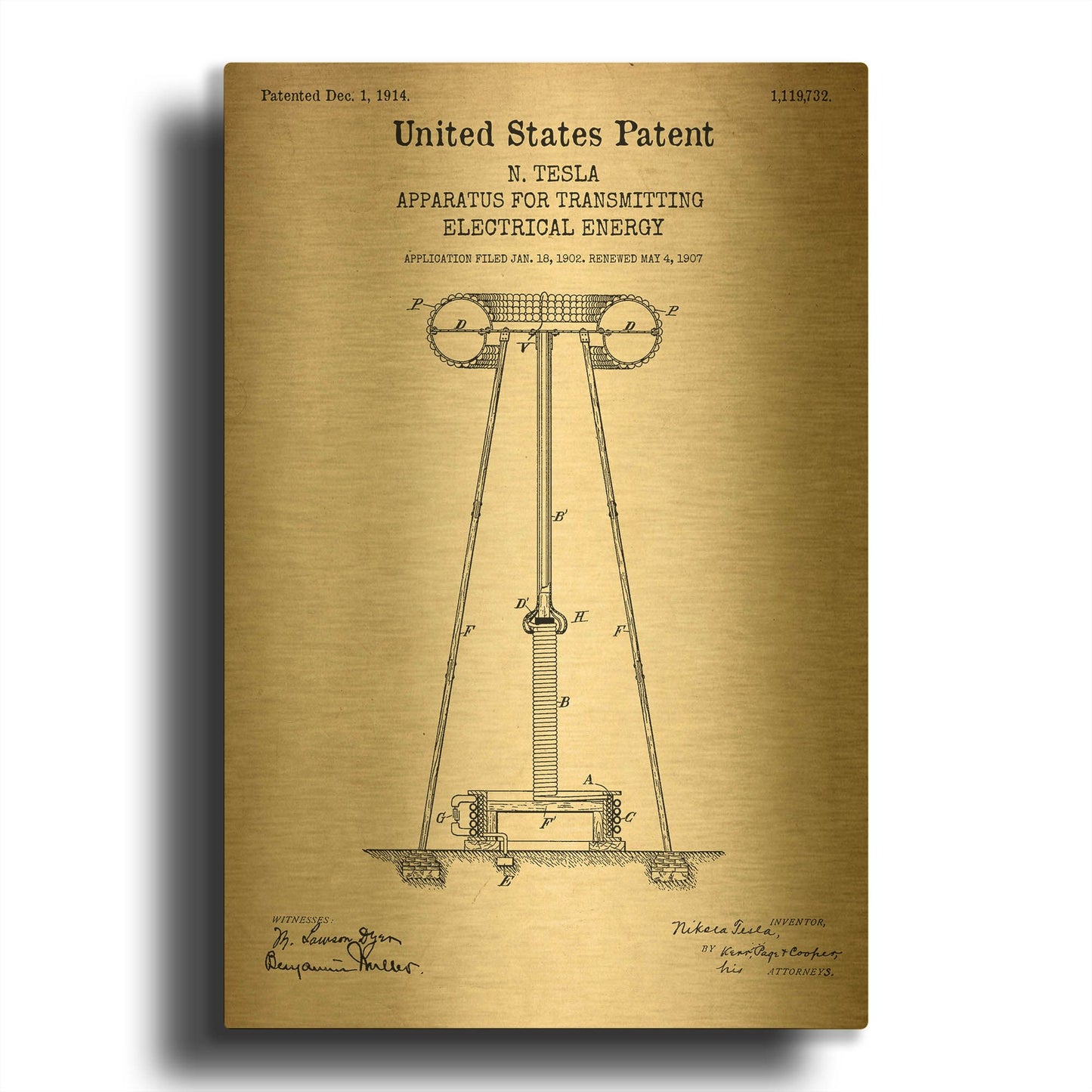 'Tesla Apparatus for Transmitting Electrical Energy Blueprint Patent Parchment' By LUXE Gold Metal Wall Art