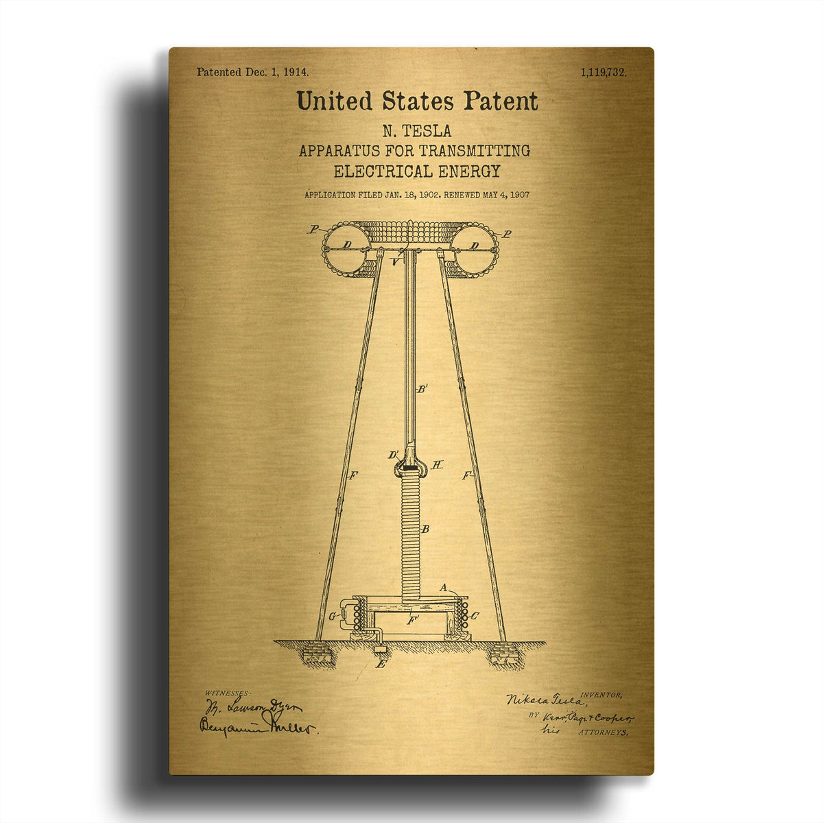 'Tesla Apparatus for Transmitting Electrical Energy Blueprint Patent Parchment' By LUXE Gold Metal Wall Art