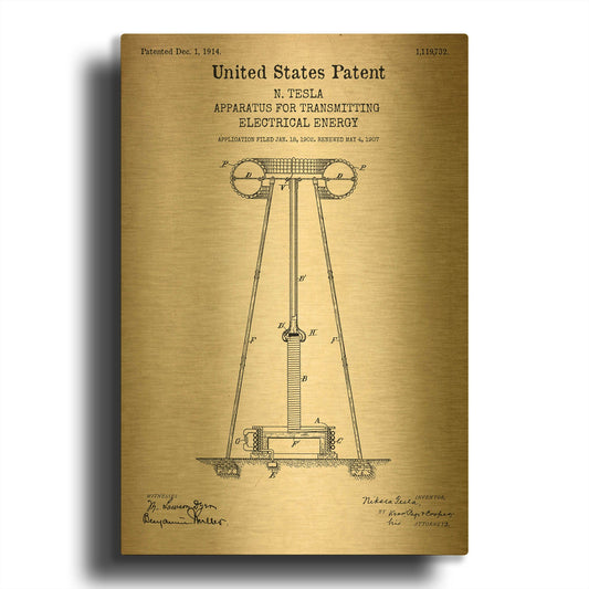 'Tesla Apparatus for Transmitting Electrical Energy Blueprint Patent Parchment' By LUXE Gold Metal Wall Art