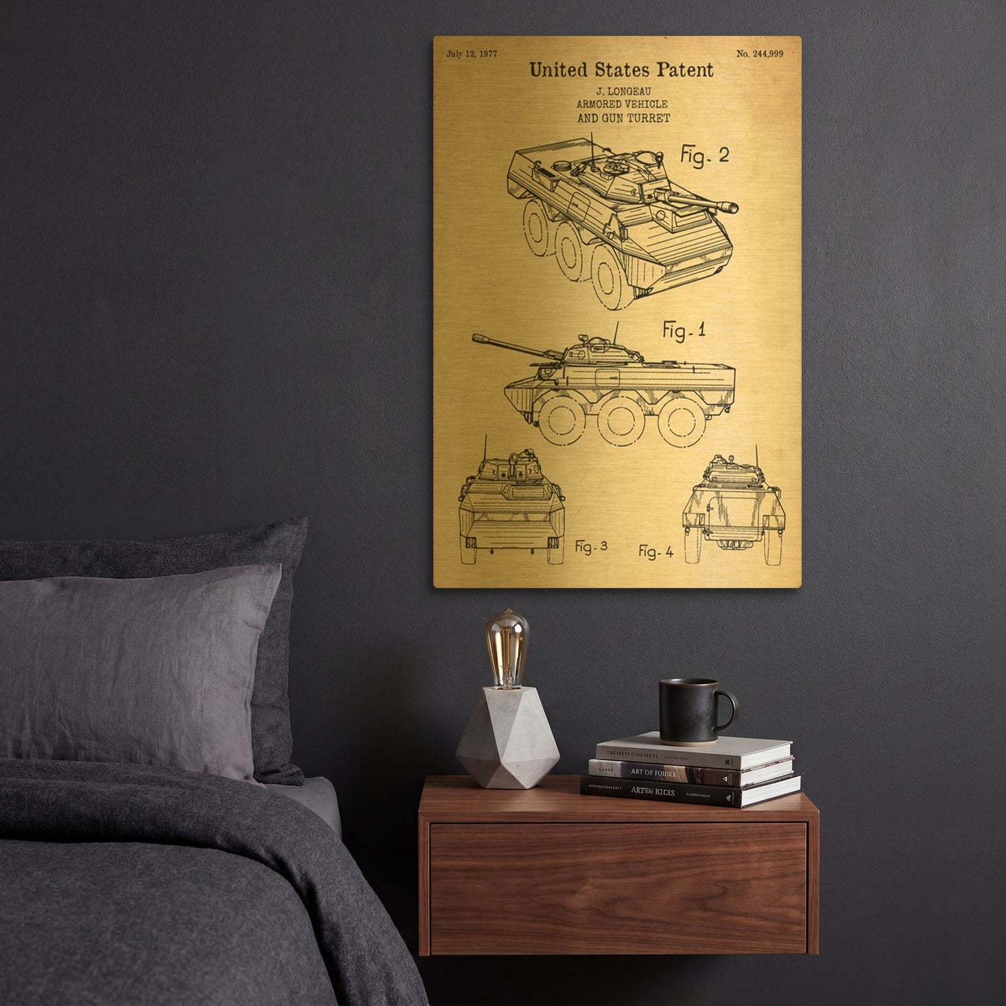 'Armored Vehicle Blueprint Patent Parchment' By LUXE Gold Metal Wall Art
