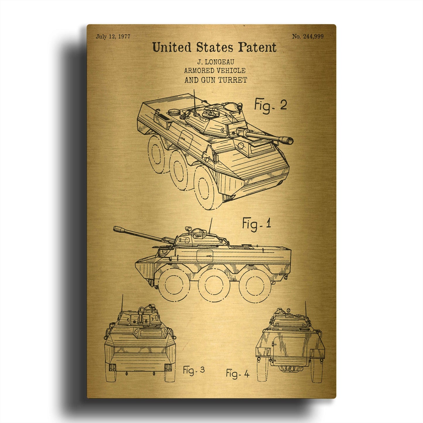 'Armored Vehicle Blueprint Patent Parchment' By LUXE Gold Metal Wall Art