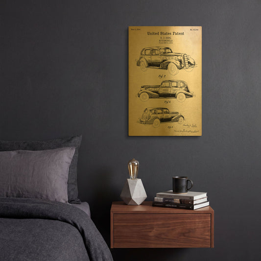 'Luxury Automobile Blueprint Patent Parchment' By LUXE Gold Metal Wall Art