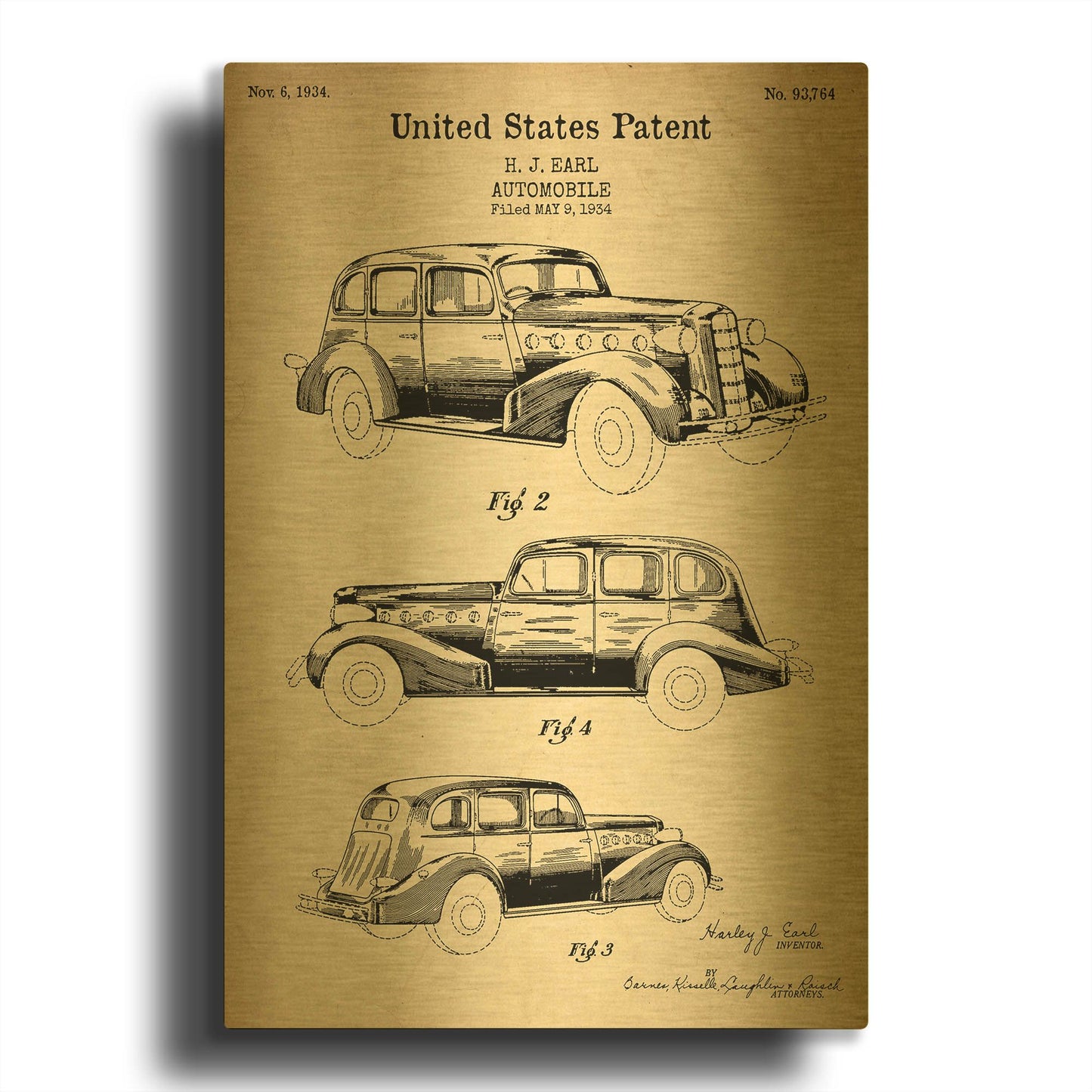 'Luxury Automobile Blueprint Patent Parchment' By LUXE Gold Metal Wall Art