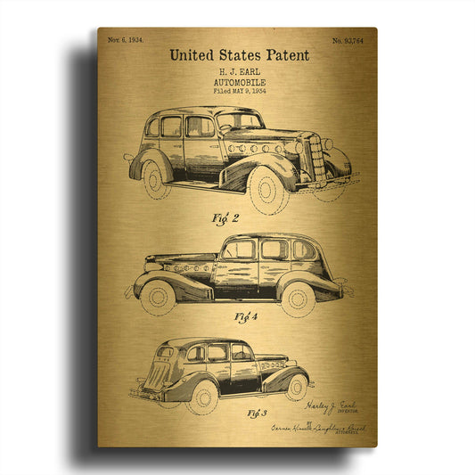 'Luxury Automobile Blueprint Patent Parchment' By LUXE Gold Metal Wall Art