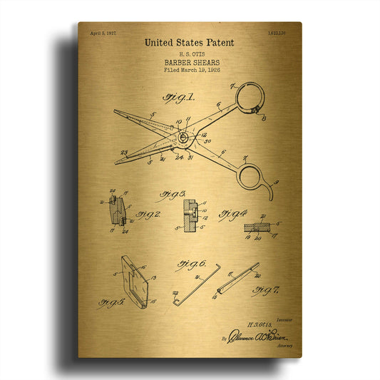 'Barber Shears Blueprint Patent Parchment' By LUXE Gold Metal Wall Art
