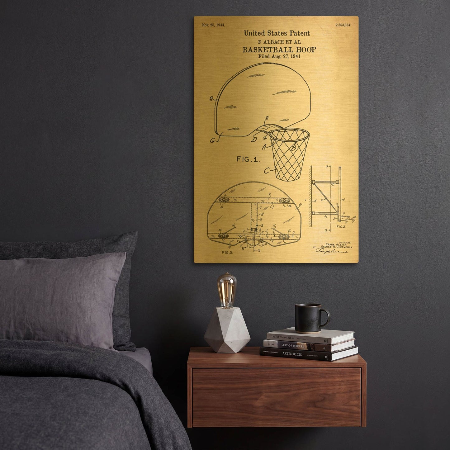 'Basketball Hoop Blueprint Patent Parchment' By LUXE Gold Metal Wall Art