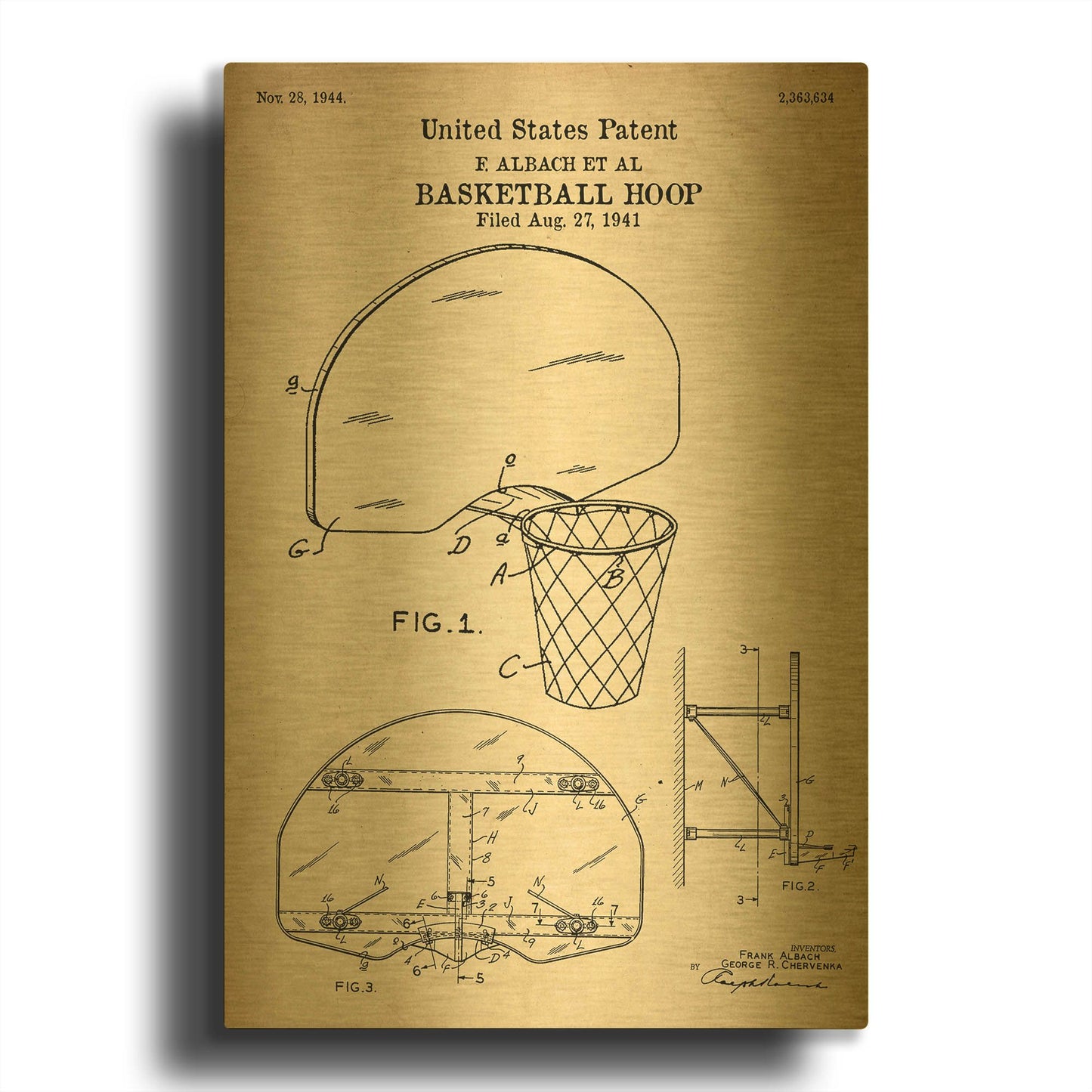 'Basketball Hoop Blueprint Patent Parchment' By LUXE Gold Metal Wall Art