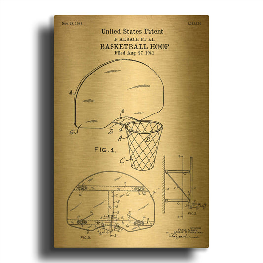 'Basketball Hoop Blueprint Patent Parchment' By LUXE Gold Metal Wall Art