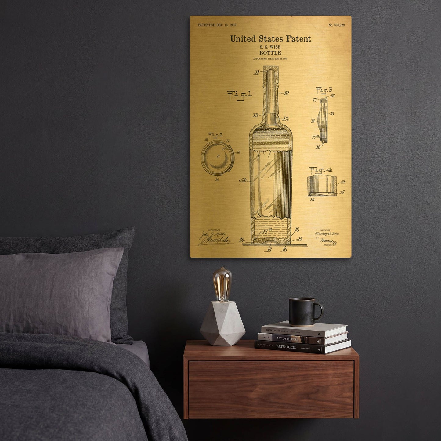 'Bottle Blueprint Patent Parchment' By LUXE Gold Metal Wall Art