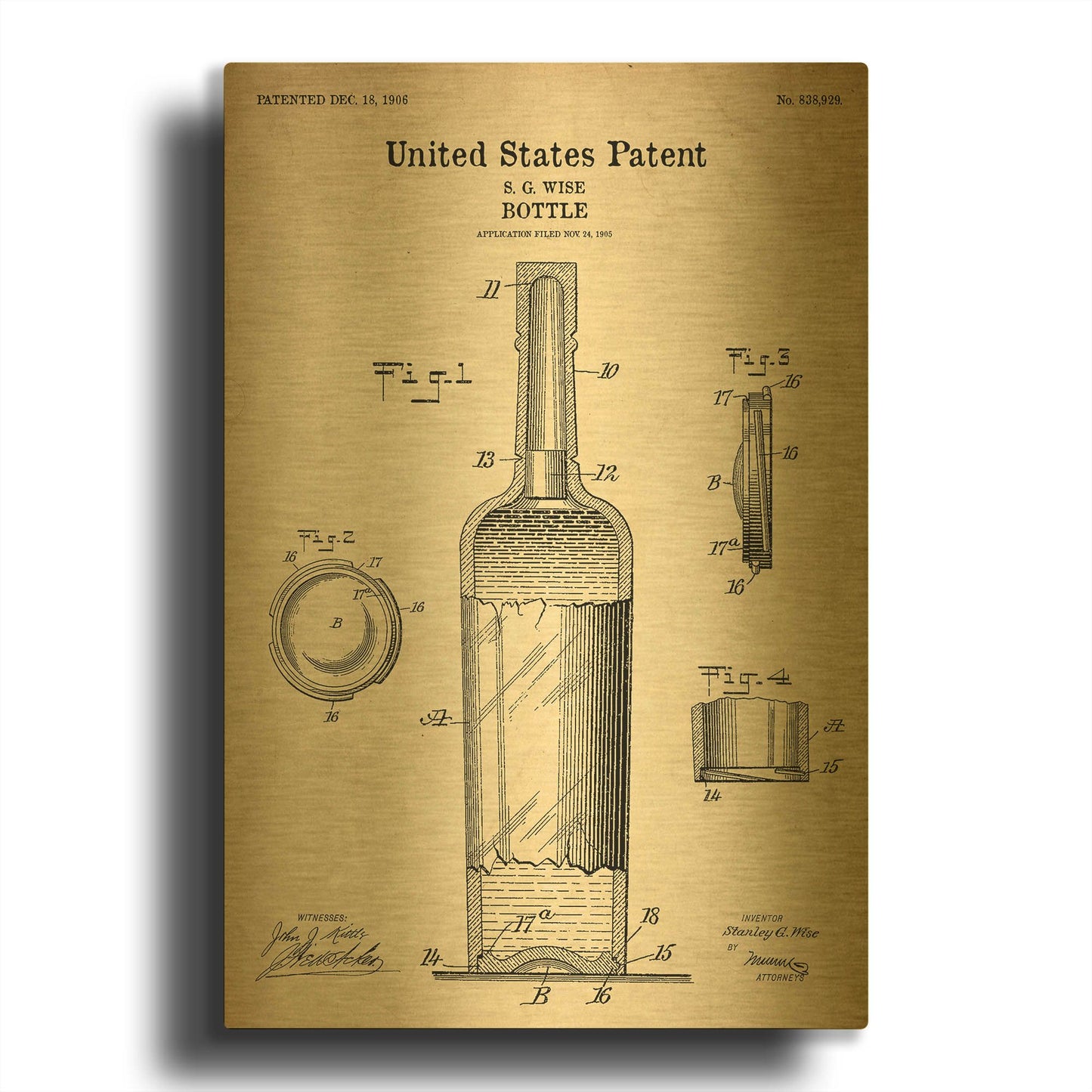 'Bottle Blueprint Patent Parchment' By LUXE Gold Metal Wall Art