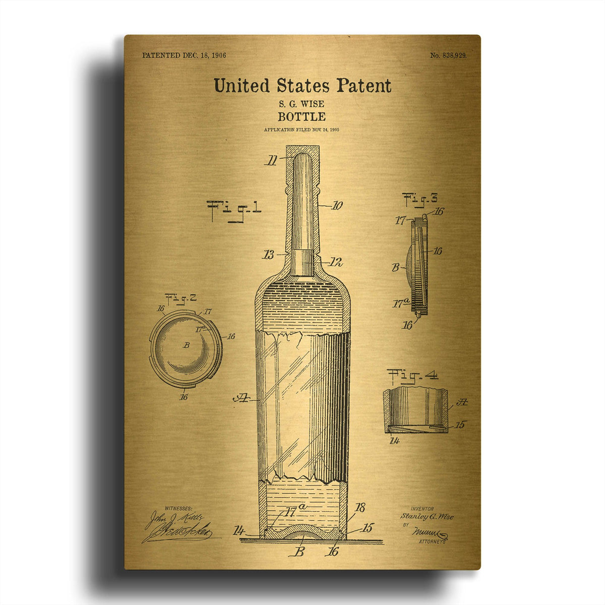 'Bottle Blueprint Patent Parchment' By LUXE Gold Metal Wall Art