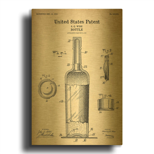 'Bottle Blueprint Patent Parchment' By LUXE Gold Metal Wall Art