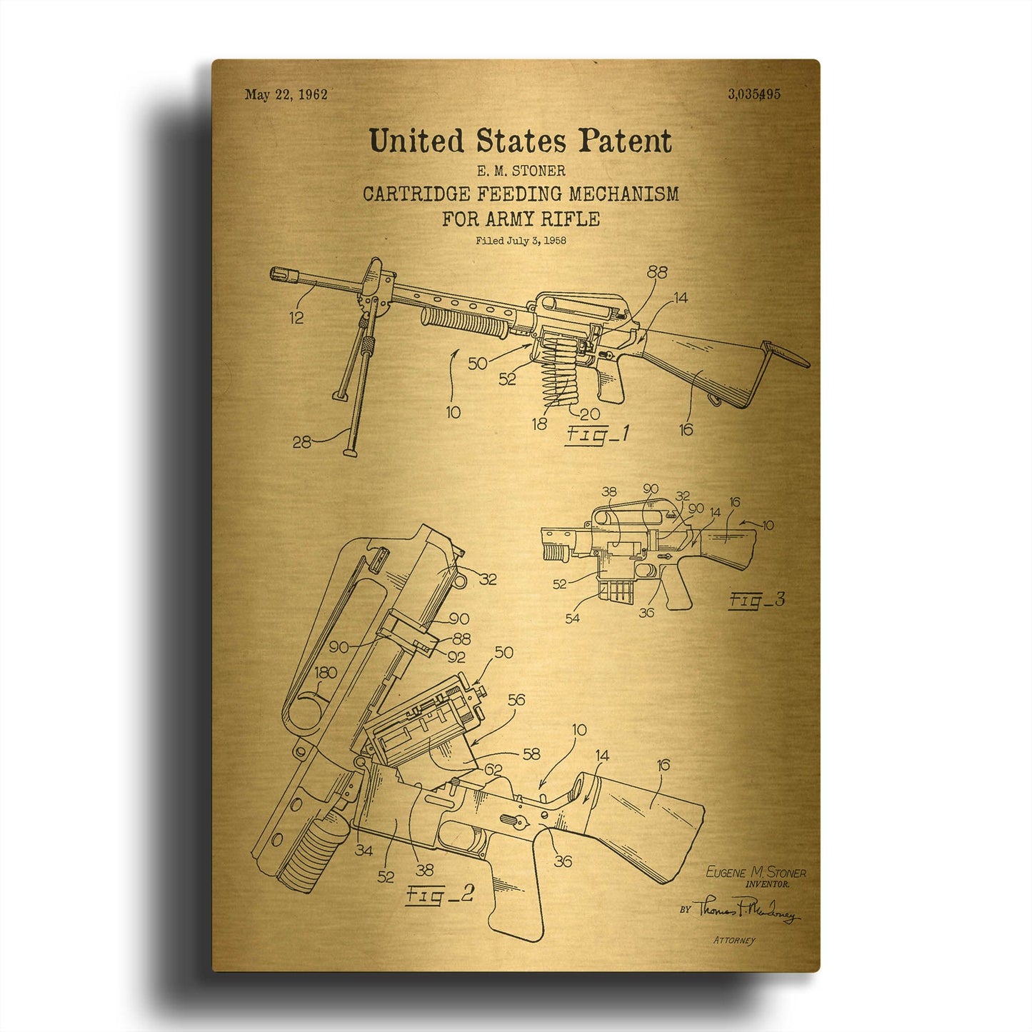 'Ammunition Feeder for Army Rifle Blueprint Patent Parchment' By LUXE Gold Metal Wall Art