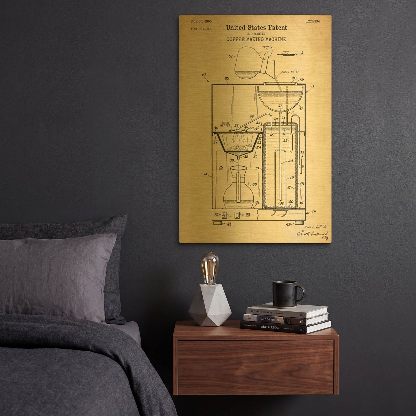 'Coffee Machine Blueprint Patent Parchment' By LUXE Gold Metal Wall Art