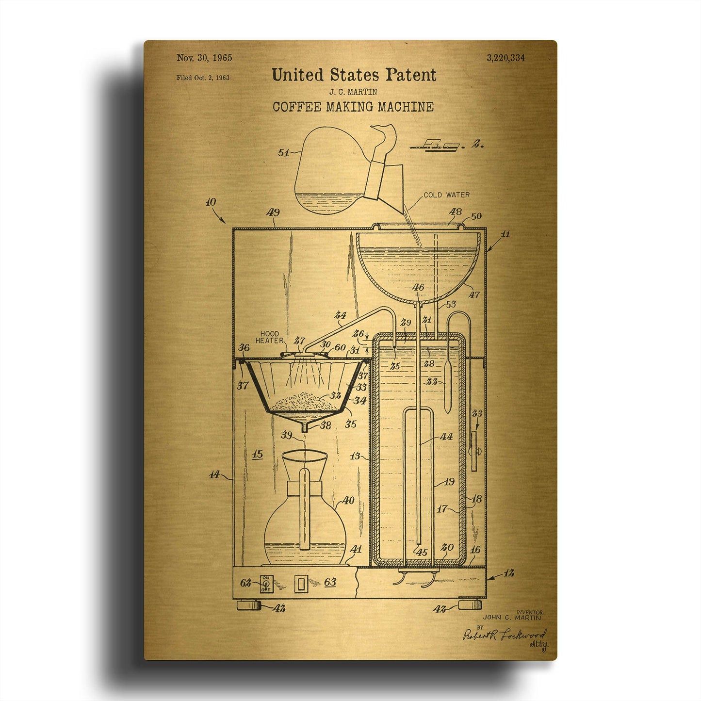 'Coffee Machine Blueprint Patent Parchment' By LUXE Gold Metal Wall Art