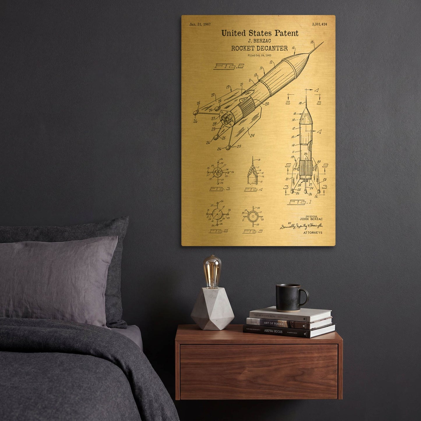 'Rocket Ship Blueprint Patent Parchment' By LUXE Gold Metal Wall Art