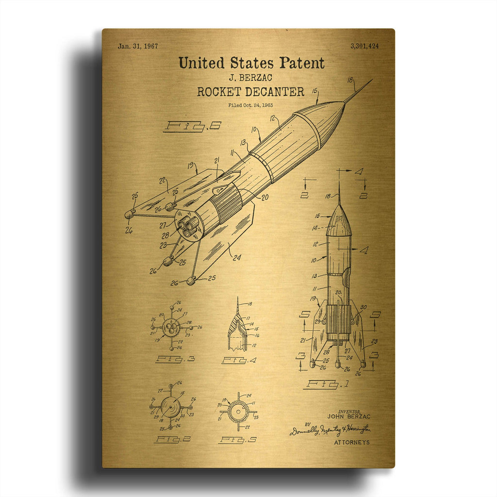 'Rocket Ship Blueprint Patent Parchment' By LUXE Gold Metal Wall Art