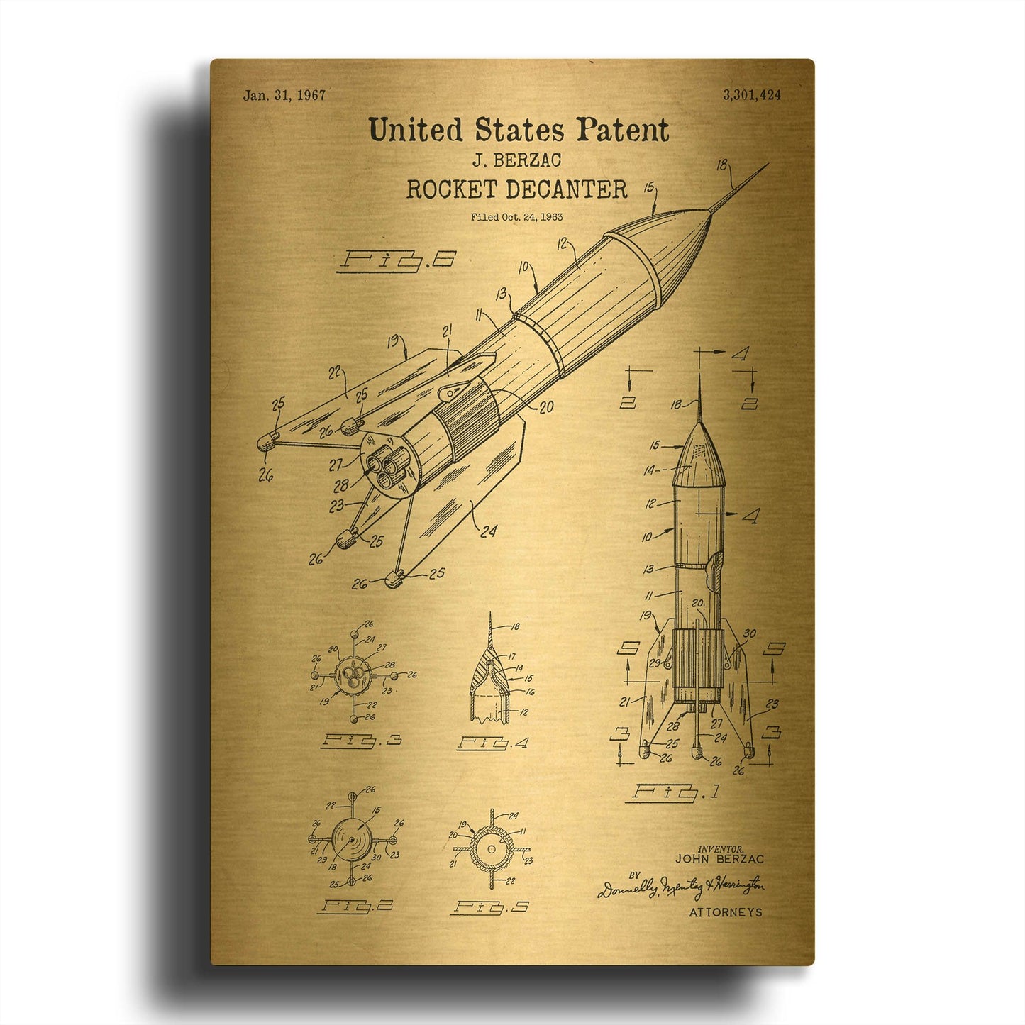 'Rocket Ship Blueprint Patent Parchment' By LUXE Gold Metal Wall Art