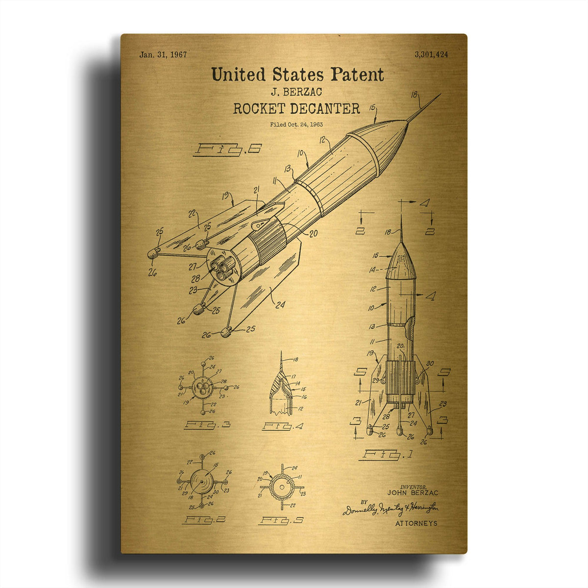 'Rocket Ship Blueprint Patent Parchment' By LUXE Gold Metal Wall Art