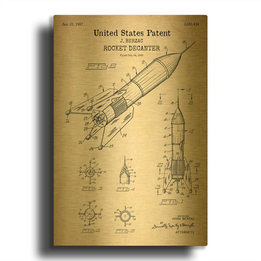 'Rocket Ship Blueprint Patent Parchment' By LUXE Gold Metal Wall Art