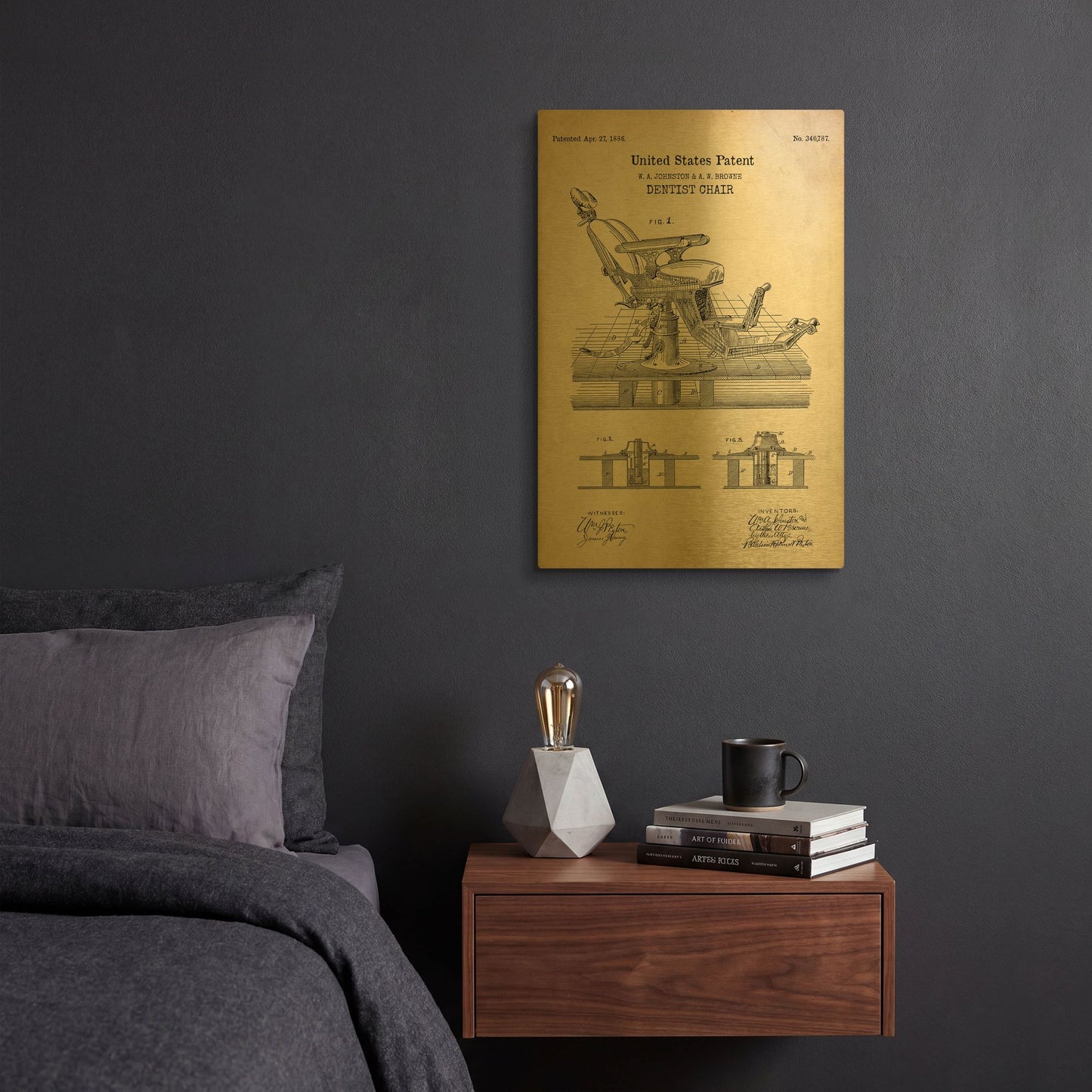 'Dentist Chair Blueprint Patent Parchment' By LUXE Gold Metal Wall Art