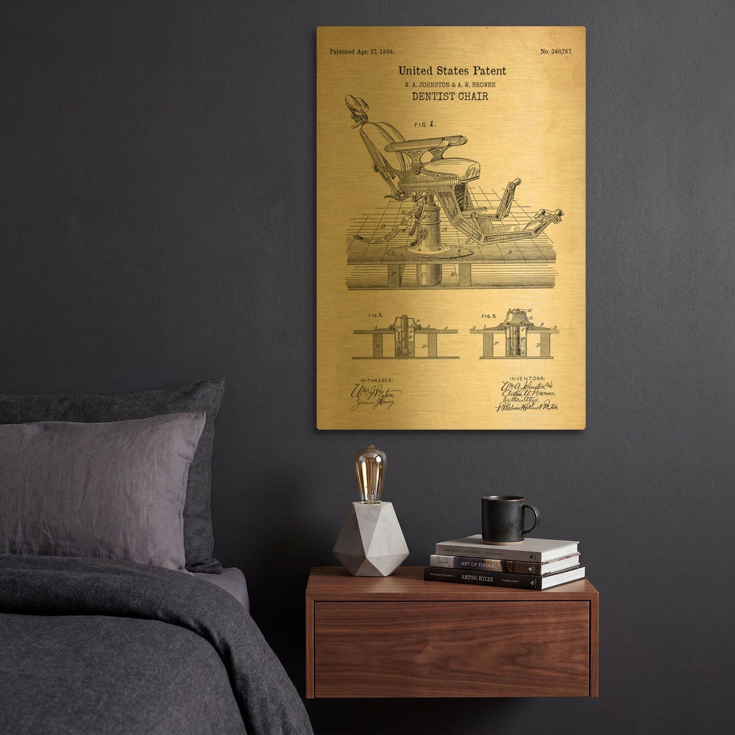 'Dentist Chair Blueprint Patent Parchment' By LUXE Gold Metal Wall Art