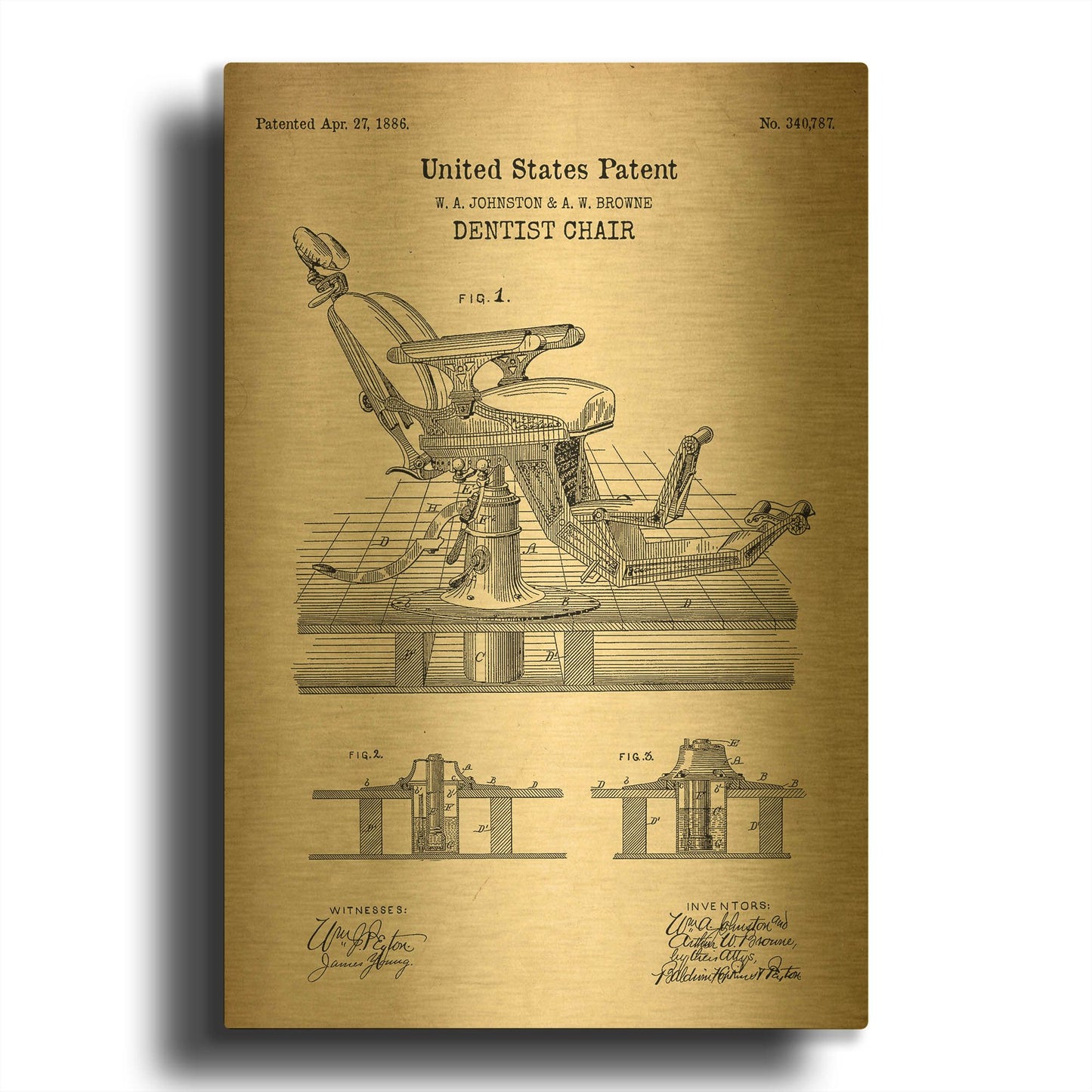 'Dentist Chair Blueprint Patent Parchment' By LUXE Gold Metal Wall Art