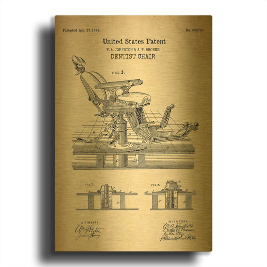'Dentist Chair Blueprint Patent Parchment' By LUXE Gold Metal Wall Art