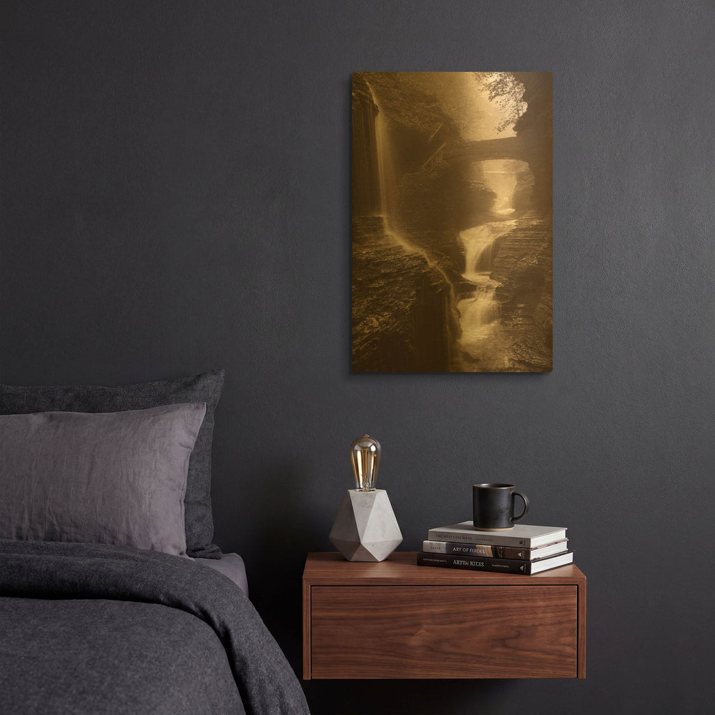 'Waterfall on a Rainy Day' By Balazs Solti Gold Metal Wall Art