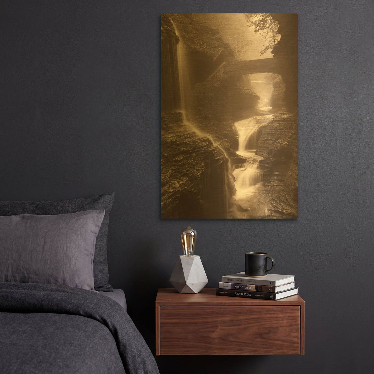 'Waterfall on a Rainy Day' By Balazs Solti Gold Metal Wall Art