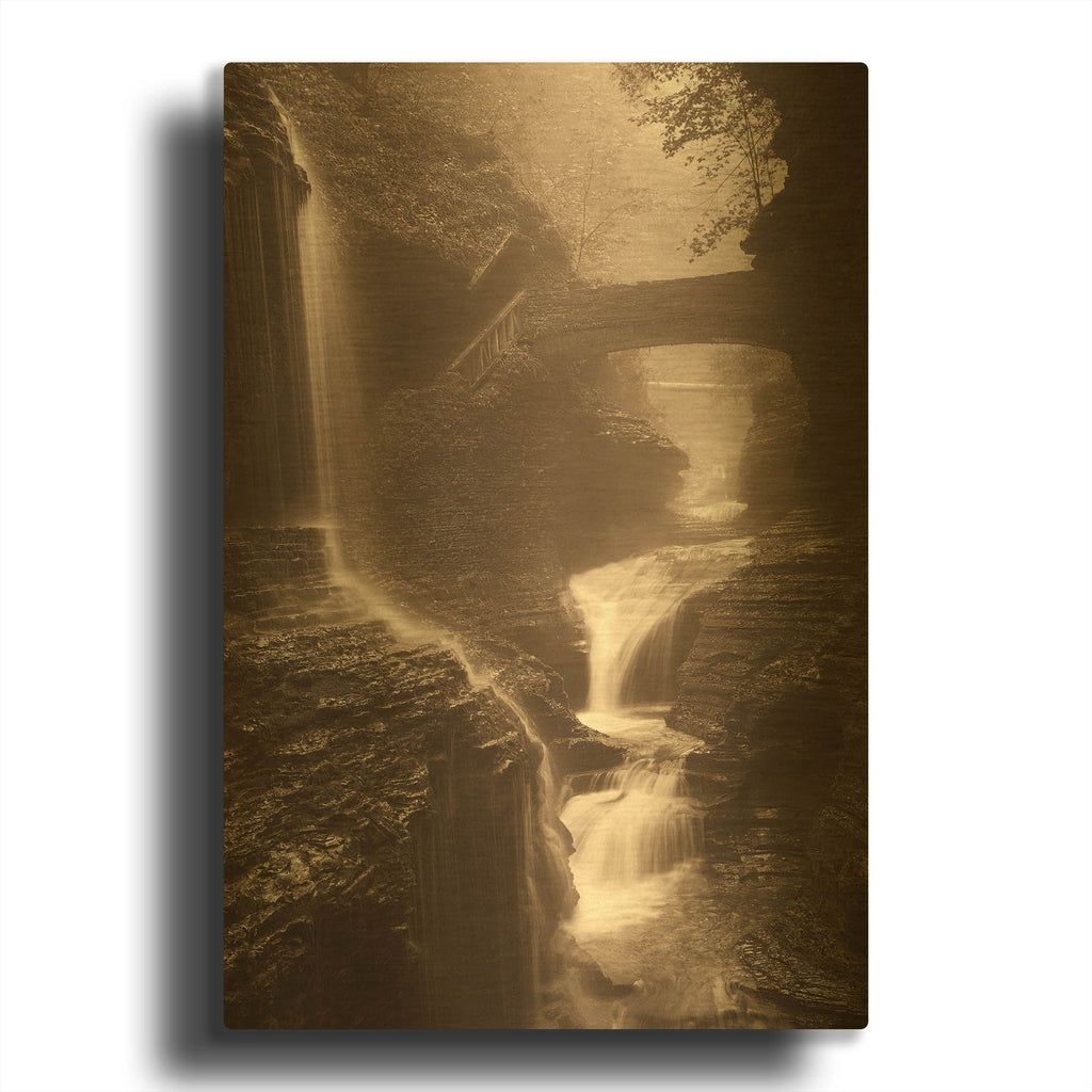 'Waterfall on a Rainy Day' By Balazs Solti Gold Metal Wall Art