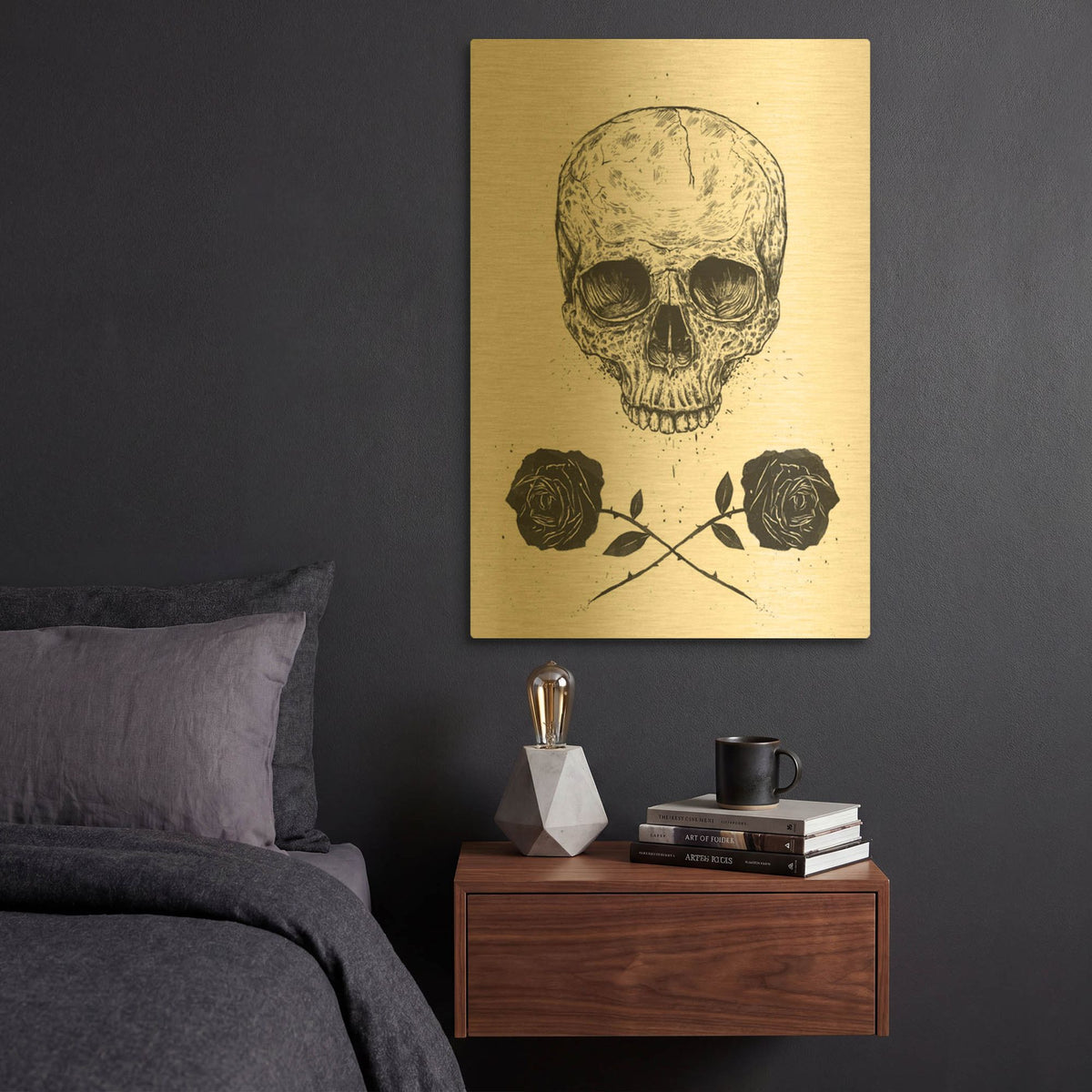 'Skull N Roses' By Balazs Solti Gold Metal Wall Art