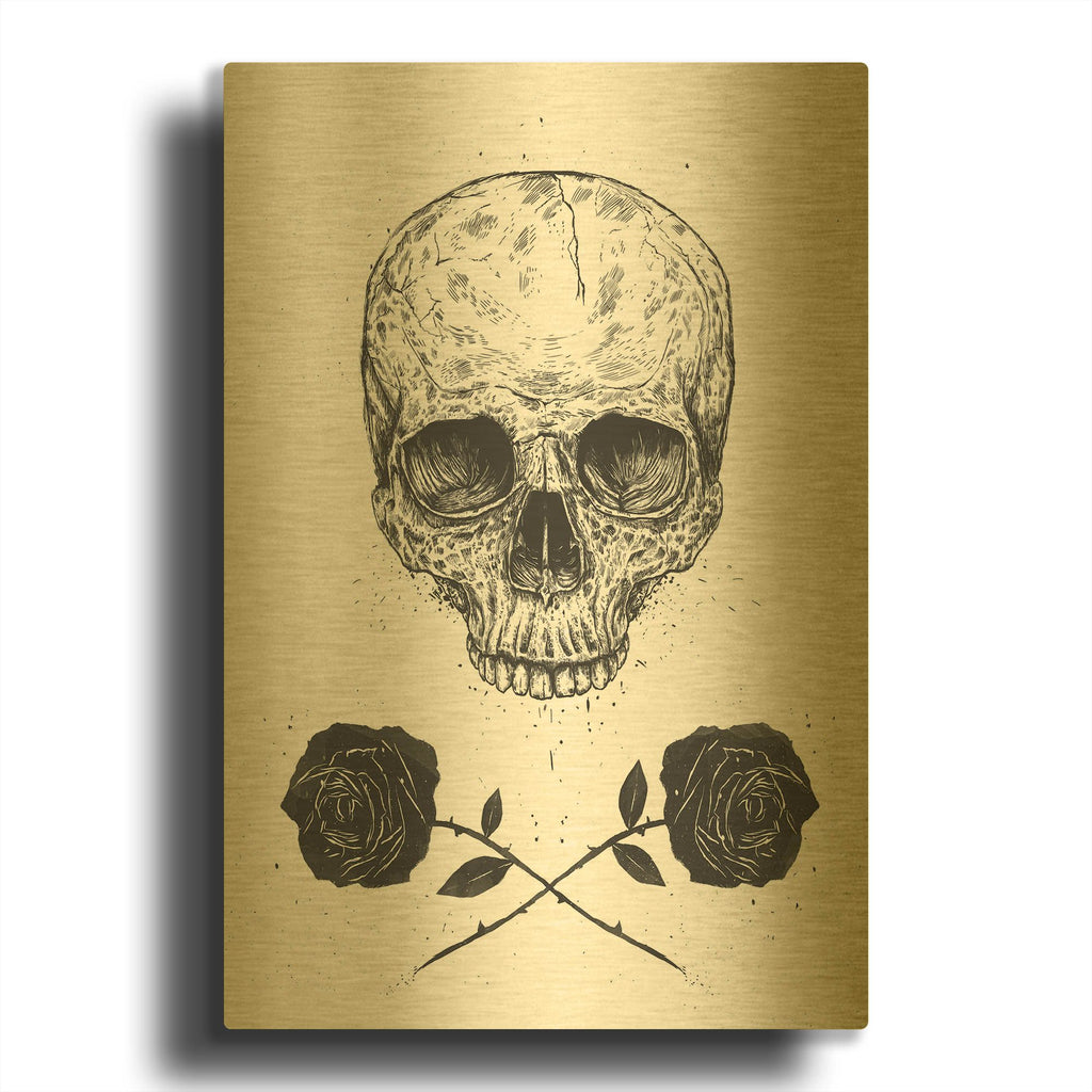'Skull N Roses' By Balazs Solti Gold Metal Wall Art