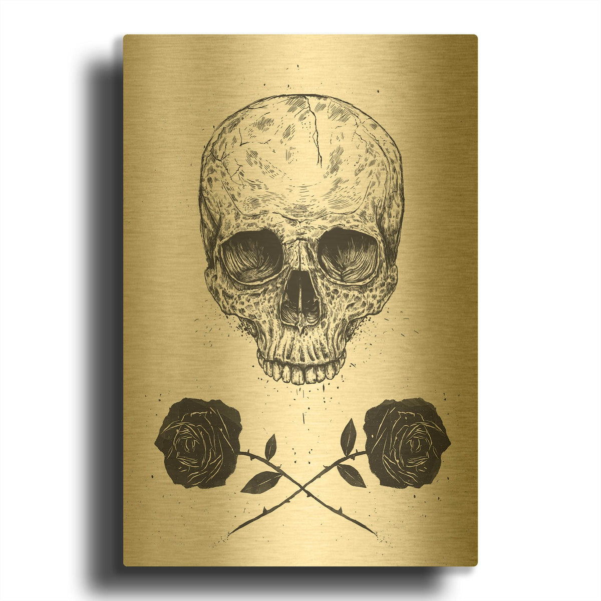 'Skull N Roses' By Balazs Solti Gold Metal Wall Art