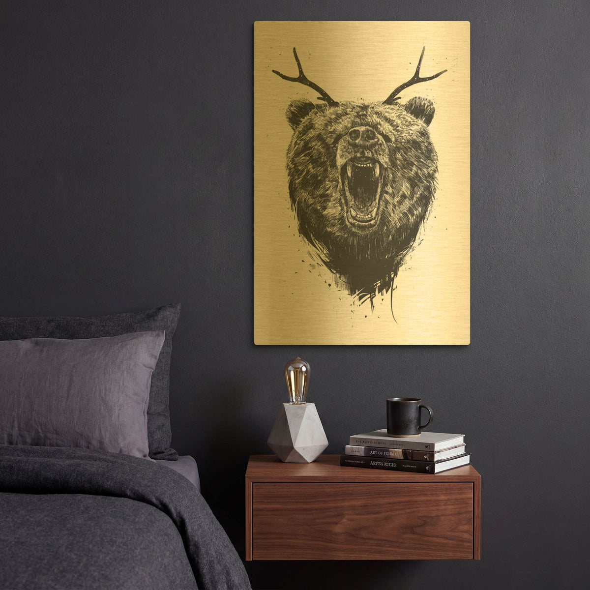 'Angry Bear With Antlers' By Balazs Solti Gold Metal Wall Art