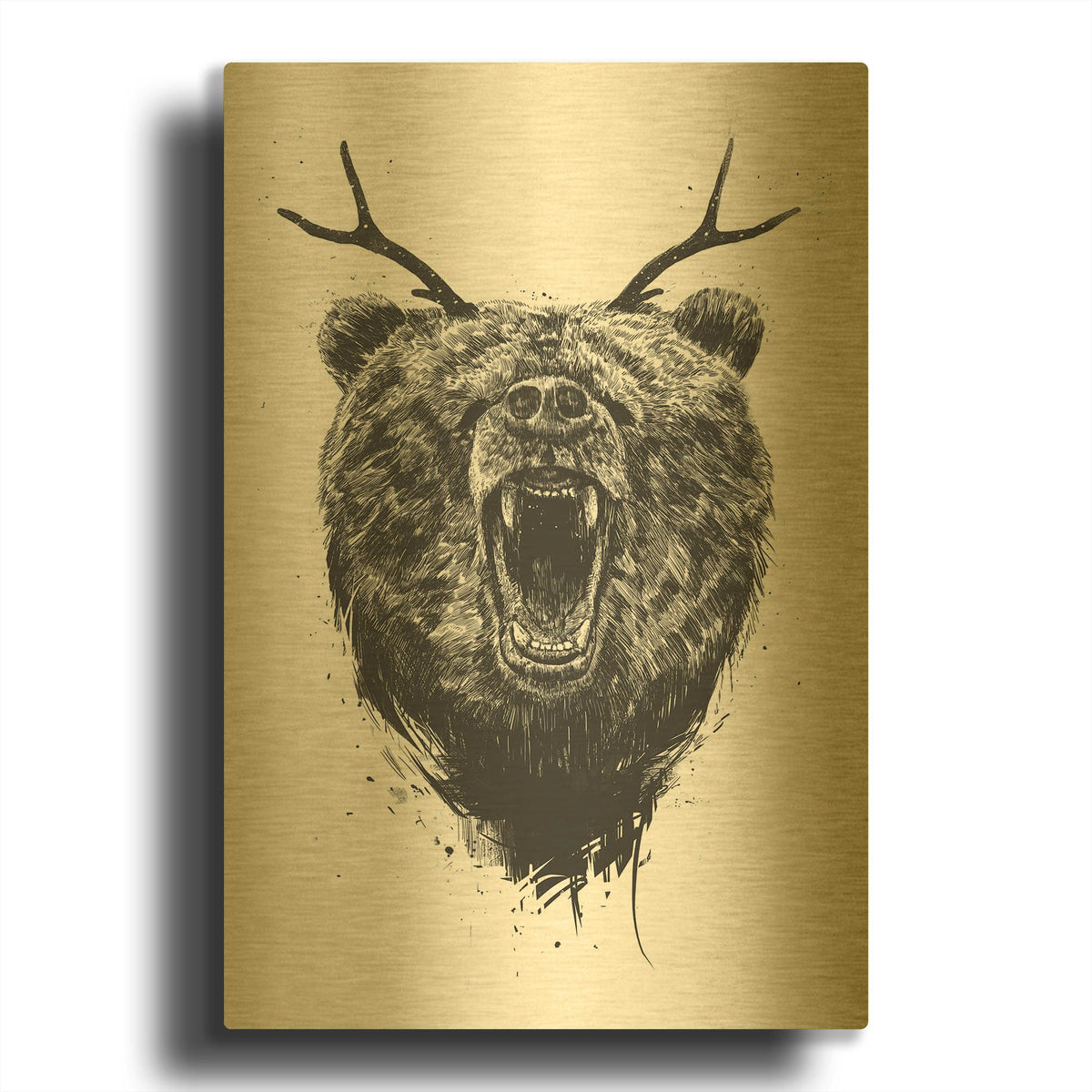 'Angry Bear With Antlers' By Balazs Solti Gold Metal Wall Art