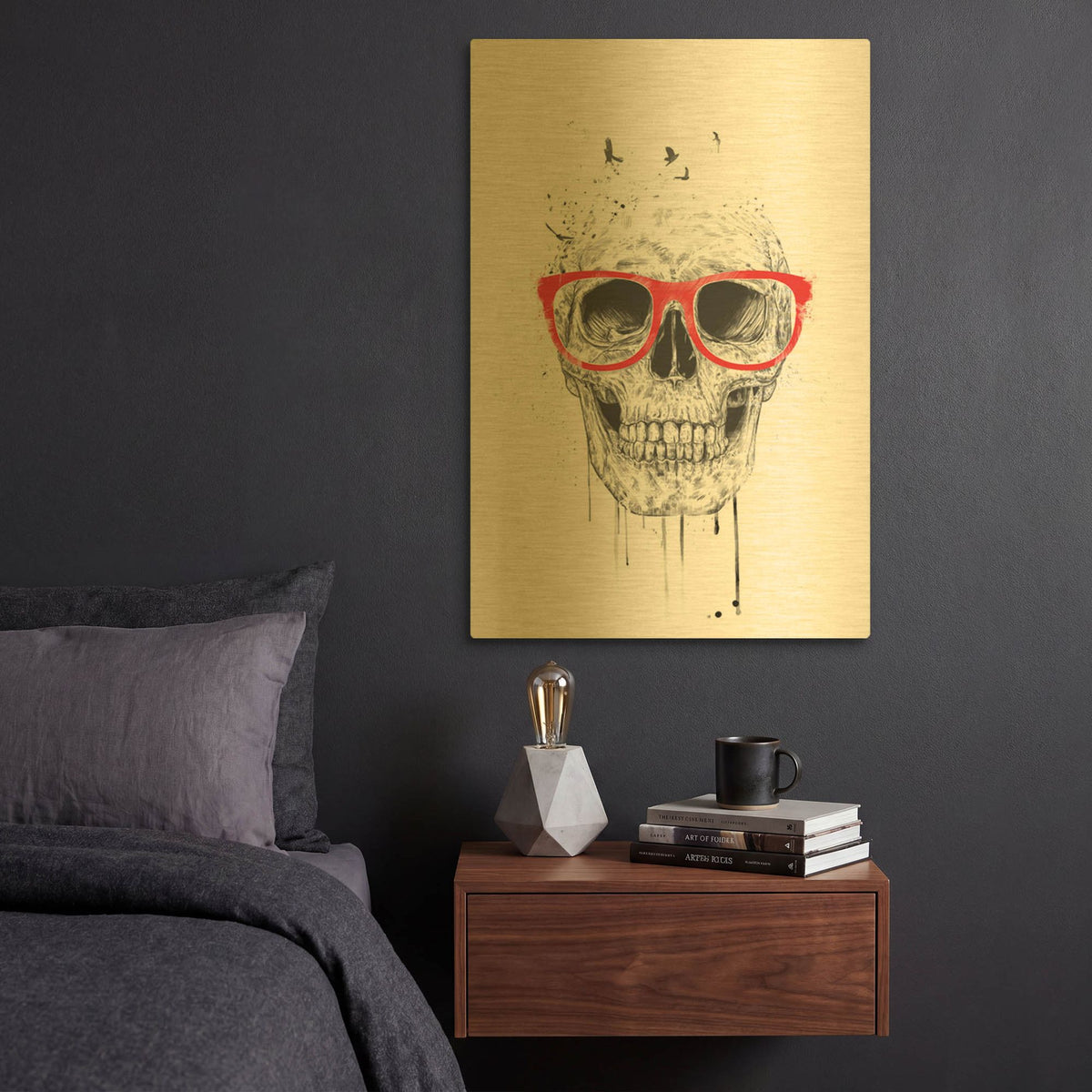 'Skull With Red Glasses' By Balazs Solti Gold Metal Wall Art