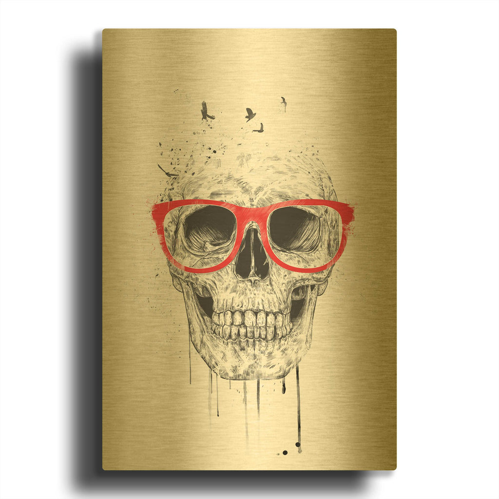 'Skull With Red Glasses' By Balazs Solti Gold Metal Wall Art